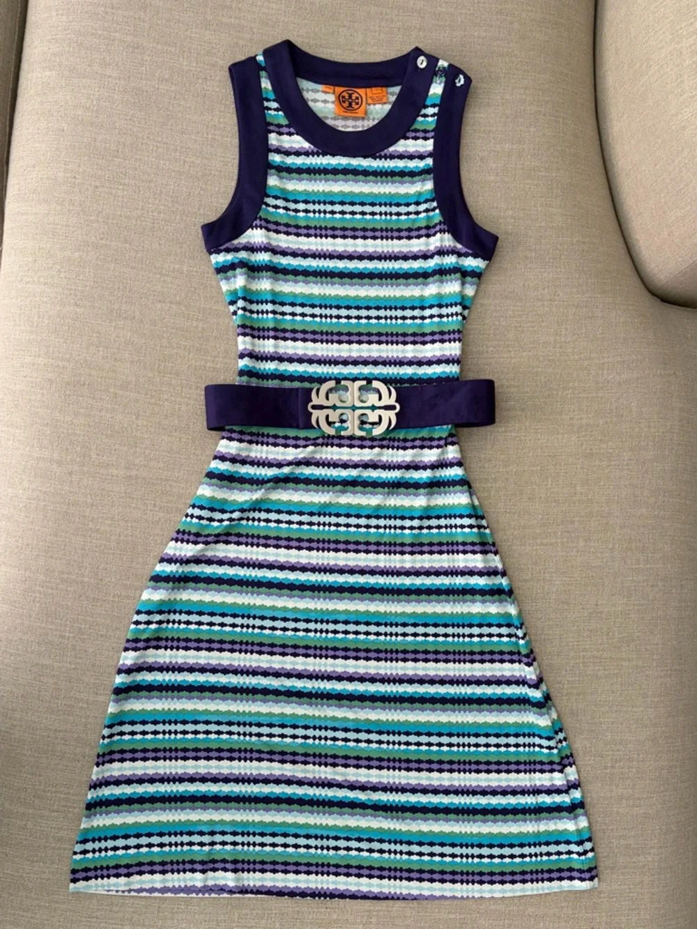 Tory Burch Striped Midi Dress in Navy, Aqua, White